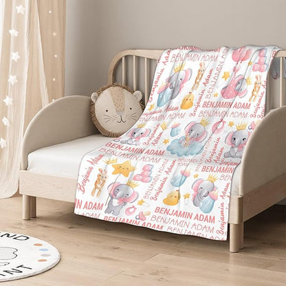 Personalized Baby Blanket for Girls Boys Kids Elephant Custom Baby Blanket with Name Throw Birthday Gift for Toddlers Infants Shower Newborns Nursery Stroller Crib Bed Decor