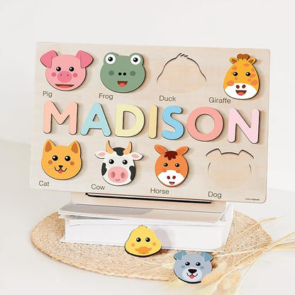 Personalize Name Puzzle for Toddler with Animal, Baby Gift for Girl and Boy 0 1 2 3 Year Old, Personalized Puzzle for Kid, 1 Year Old Kid Gifts, Customized Baby Gift, Educational Name Toy
