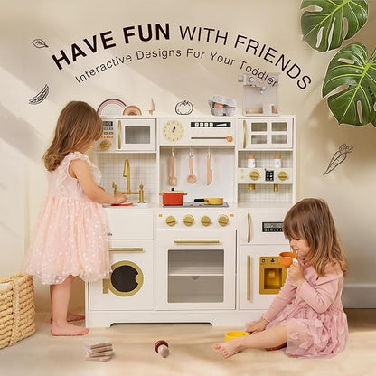 Kids Wooden Play Kitchen Set with Oven, Ice Maker & Coffee Maker - Pretend Cooking Toy Gift for Toddlers 3+ Years