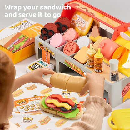 Play Restaurant Toy and Pretend Play Food for Kids, Play Kitchen Accessories Include Sandwich Maker Toy with Slicer for Ham, Menu and Ingredients, Food Toy for 3 4 5 6 Year Old Girls Birthday Gift