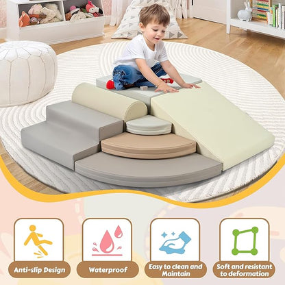 Merax 7-Piece Soft Foam Blocks, Baby Soft Climbing Toys for Toddlers 1+, Indoor Climbing Crawling Activity Play Set, Corner Soft Play Climber Set, Cappuccino