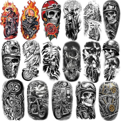 Motorcycle Temporary Tattoos for Adults and Kids, 77 Waterproof Fake Tattoos, 17 Half Arm Sheets and 60 Small Sheets Motocross Racing Rider Dirt Bike Skull Design