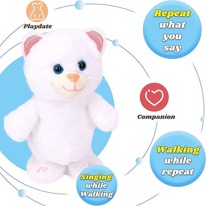Hopearl Talking Kitty Singing Cat Repeats What You Say Walking Electric Interactive Animated Toy Speaking Plush Buddy Gifts for Toddlers, White, 8''