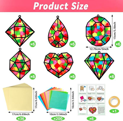 Qyeahkj 36 Set Jewel Suncatchers Crafts for Kids DIY Diamond Window Tissue Paper Craft Kit Jewel Hanging Decor for Summer School Home Activity Art Project Birthday Party Favor Gift