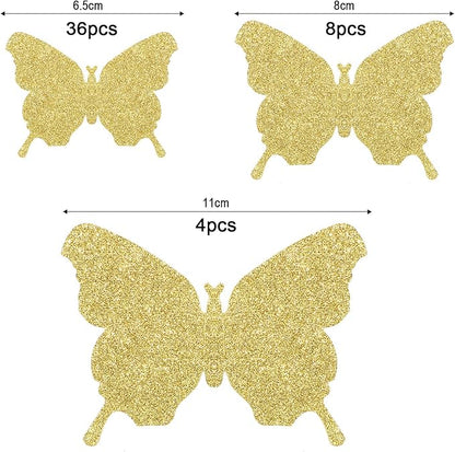BBTO 48 Pieces Butterfly Wall Decor DIY Mirror 3D Butterfly Stickers Removable Decals for Home Bedroom School Bathroom Living Room Decor(Glitter Gold)