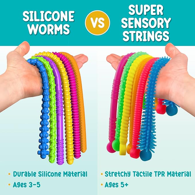 BUNMO Stretchy Strings - Stimulating & Fun Fidget Toys for Kids - Hours of Fun - Non-Mouthable Toy 3+ - Super Sensory 6 Pack