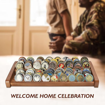 8 Rows Solid Wood Challenge Coin Display Stand - Military Holder for Up to 60-70 Coins - Ideal Rack for Army Navy Marine Corps Law Enforcement Collectors, Walnut Finish