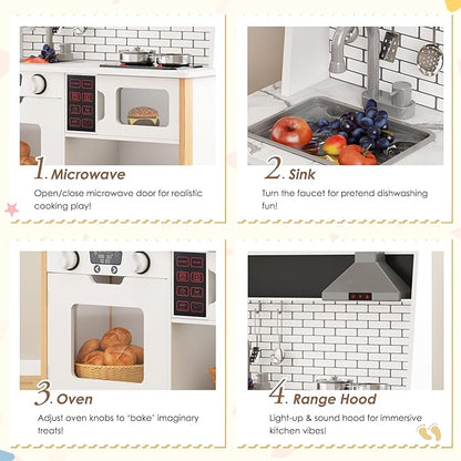 DlandHome Kids Kitchen Playset, Pretend Kitchen Playset with Real Lights & Sounds, Chef Pretend Play Set with Sink Oven Microwave, Ideal Role Play Toy Gift for Toddlers and Kids Ages 3+, White