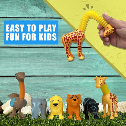 Animal Pop Tubes Sensory Toys 6 Pack Fidget Toddler Stretchable Stress Relief Tubes for Autism, Party Favors, Christmas Stocking Stuffers, Birthday Gifts for Kids Boys & Girls
