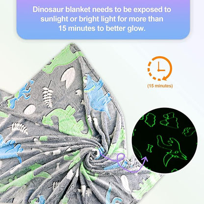 Glow in the Dark Dinosaur Kids Blanket - Soft Fleece Throw, 50"x60" - Boys & Toddlers, Birthday Gift