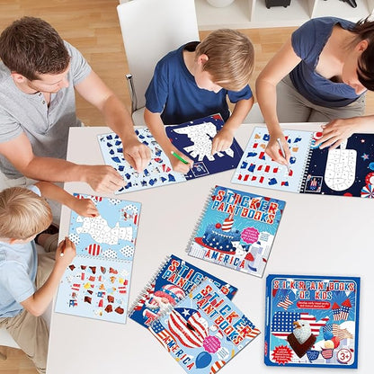 6PCS 4th of July Patriotic Crafts Paint by Sticker Books for Kids Ages 4-8 Sticker by Number Book Activity Puzzle Book for Kids Age 3-5 Toddler Art Gift for Memorial Day American Flag Star 48 Pictures