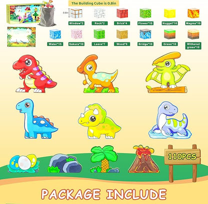 110PCS Dinosaur Toys Magnetic Cubes for Kids, Magnetic Building Blocks for Kids Ages 4-8 8-12, Magnet Blocks Classroom Must Haves Sensory Construction Toys for Boys Girls Gifts