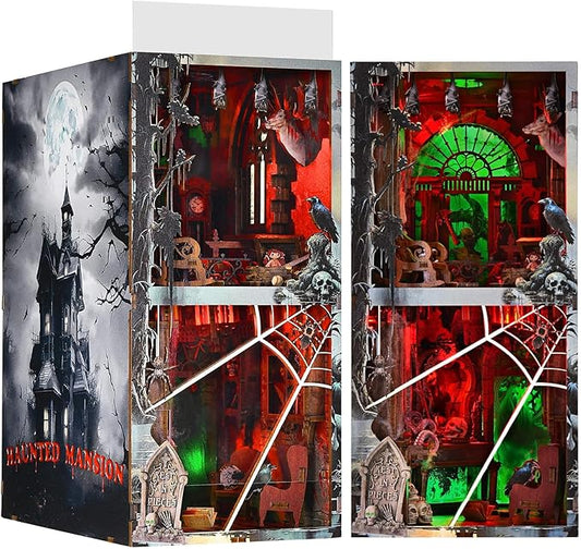 Haunted House Halloween Book Nook Kit, Spooky Shelf Insert Bookshelf Diorama Horror Art Miniature Decor, Creepy Scary Wooden Puzzle Booknook (Haunted Mansion)