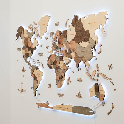 Enjoy The Wood 3D Wood World Map LED 3.0 Wall Art Modern Home Decor Gifts LED Lighting Wall Decor Housewarming Gift (Smokey)