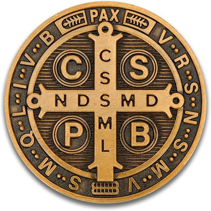 St Benedict Coin & Angel Warrior Metal Token Set - Christian Religious Medallion with Latin Prayer & Fantasy Archangel Design