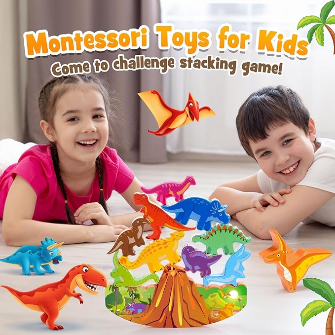 Dinosaur Toys for Kids 3-7 Kid Wooden Stacking Blocks Montessori Toy for 3 4 5 6 7 8 Year Old Boys Girls Christmas Birthday Gifts Toddler Balance Game Ages 3-5 Toys for Boy Girl Age 5-7