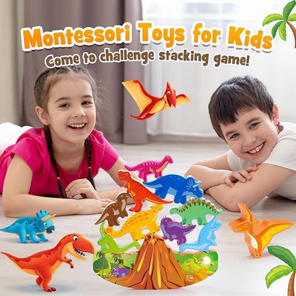 Dinosaur Toys for Kids 3-7 Kid Wooden Stacking Blocks Montessori Toy for 3 4 5 6 7 8 Year Old Boys Girls Christmas Birthday Gifts Toddler Balance Game Ages 3-5 Toys for Boy Girl Age 5-7