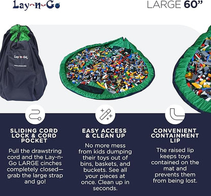 Lay-n-Go 2-in-1 Small Portable Drawstring Toys Storage Organizer and Play Mat for Room and Travel, Made for Kids and Toddlers with a Durable Patented Design