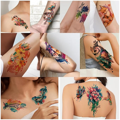 77 Sheets Temporary Tattoo, 17 Sheets Half Arm Flower Lion Tiger Cat Owl Parrot Fake Tattoos for Adults Shoulder Neck, 60 Sheets Tiny Waterproof Temporary Tattoos Realistic for Women Girls and Kids