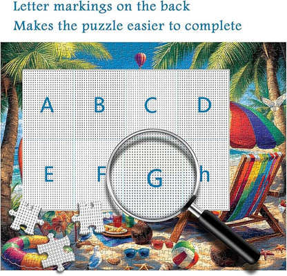Beach Puzzles for Adults 1000 Pieces, PICKFORU Vintage Summer Puzzle Lounge Chair Beach Vacation, Difficult Seaside Puzzles for Adults, Colorful Art Puzzle as Wall Decor
