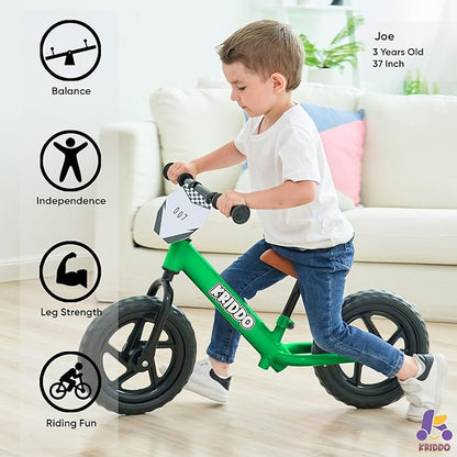 KRIDDO Toddler Balance Bike 2 Year Old, Age 18 Months to 5 Years Old, 12 Inch Push Bicycle with Customize Plate (3 Sets of Stickers Included), Gift Bike for 2-3 Boys Girls, Green