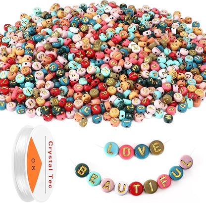 Colored Letter Beads, DECYOOL 1900Pcs 4×7mm Colorful Gold Acrylic Alphabet Beads with 1 Roll Elastic String for Bracelet Necklace Jewelry Making Supplies
