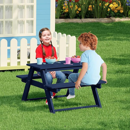 Costaelm Kids Picnic Table, HDPE All Weather Outdoor Toddler Picnic Table and Chair Set Kids Bench for Patio, Backyard, Garden, Lawn, Navy Blue