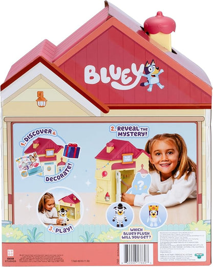 Bluey Play Date Plush Surprise, Decorate House with Stickers, Attach The Play Time Sign, Then Open The Door for a Surprise to Appear, Style May Vary