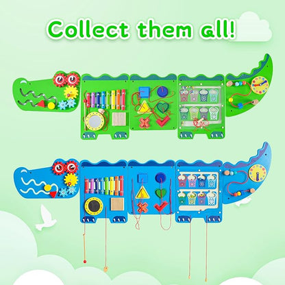 Crocodile Sensory Toys Activity Wall Panels - Montessori Busy Board, Toddler Learning Panel, Wall-Mounted Playroom/Daycare Educational Toys, Interactive Wooden Gift for Kids 3-6, Green