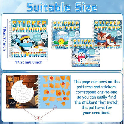 6Pcs Hello Winter Paint by Sticker Books for Kids Ages 4-8 Sticker by Number Books Activity Book for Kids Ages 3-5 Sticker Puzzle Book Xmas Craft Art Toddler Girl Gift with Snowman Penguin 48 Pictures
