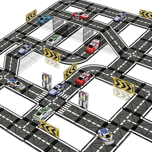 Magnetic Tiles Road Set with Pullback Car, Magnetic Tiles for Kids Ages 3-5 4-8, Magnet Building Tile for Toddler Kids Boys Girls, Creative STEM Building Toy & Learning Educational Magnet Toys