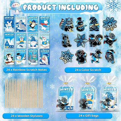 24 Pack Winter Scratch Art Party Favors for Kids - Rainbow Scratch Paper Snowflake Penguin Scratch Off Cards Frozen Birthday Goodie Bags Stuffers - Return Christmas Gifts DIY Classroom Prizes