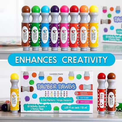 Dauber Dawgs Washable Dot Markers for Toddlers - Bingo Markers for Dot Art w/ PDF Activity Books, Dot Paints Washable for Kids, Bingo Dabbers Dotters & Dobbers, Holiday Gifts Daubers, Dot Painting