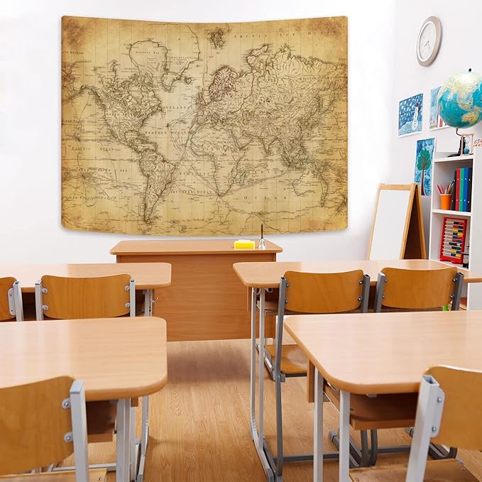 Old World Map Tapestry, Vintage Geographical Distribution Wall Hanging, Brown Historical Atlas Educational Poster for Wall Classroom Bedroom Living Room Office 60x40 Inch