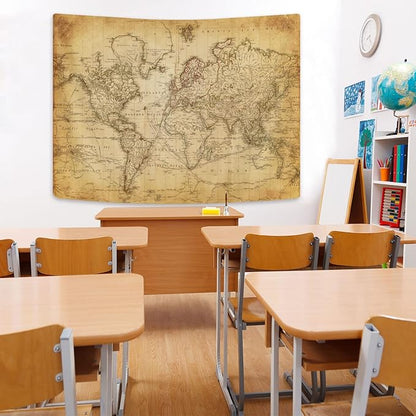 Old World Map Tapestry, Vintage Geographical Distribution Wall Hanging, Brown Historical Atlas Educational Poster for Wall Classroom Bedroom Living Room Office 60x40 Inch