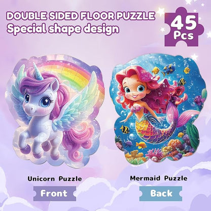 45pcs Unicorn & Mermaid Double-Sided Floor Puzzles, Ages 3-8, 27.6x32 In, Waterproof, EVA Material, Jumbo Jigsaw Puzzle, 1 Set of 45 Pieces