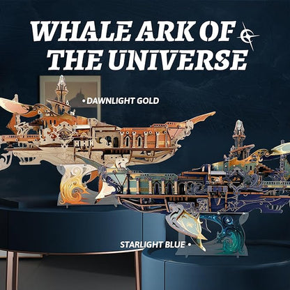 DIY 3D Wooden Puzzle Whale Spaceship,Miniature Wooden Dollhouse Model for Adults to Build,Gifts for Family Friends - Whale Ark of The Universe (Starlight Blue)