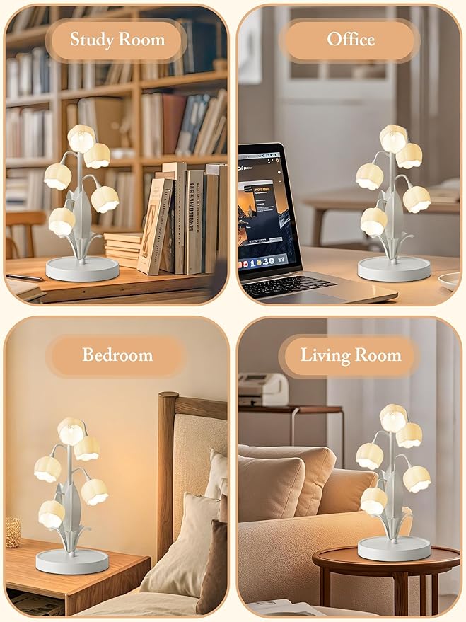 Flower Lamp for Home,Bedside Vintage Table Lamps,5 Lily of The Valley Reading Lights,3 Colors Modes Kawaii Bedside Lamp Decor,with G4 Bulb Nightstand Light for Living Room Office Bedroom (White)