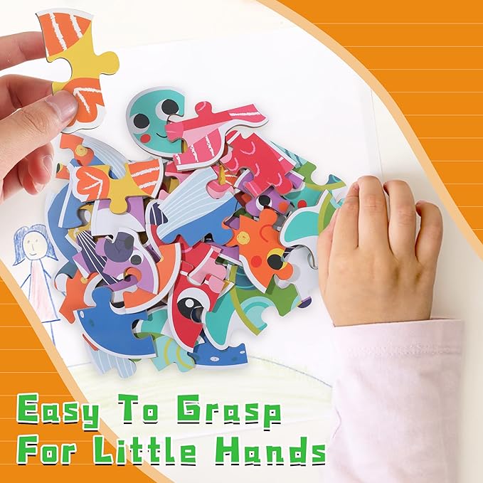 FLYINGSEEDS 6 Packs Marine Animals Shaped Wooden Jigsaw Puzzles, Beginner Puzzles for Toddlers, Montessori Learning Toys Preschool Educational Activity for Kids Ages 3 4 5 with Pattern Blocks