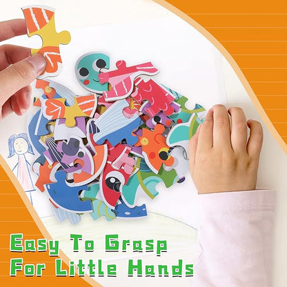 FLYINGSEEDS 6 Packs Marine Animals Shaped Wooden Jigsaw Puzzles, Beginner Puzzles for Toddlers, Montessori Learning Toys Preschool Educational Activity for Kids Ages 3 4 5 with Pattern Blocks