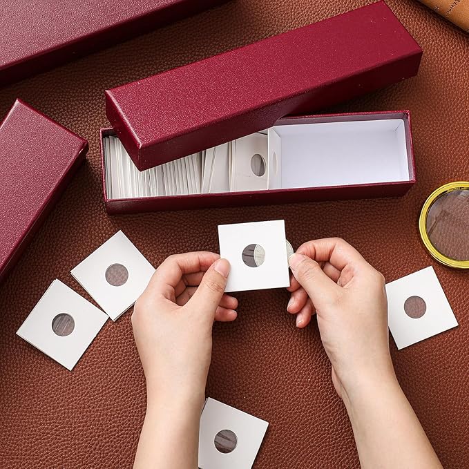 Teling 8 Pcs Coin Storage Box 2x2inch Flip Holders Collectors Coin Supplies Holders for Cents Collection Cardboard (Dark Red)