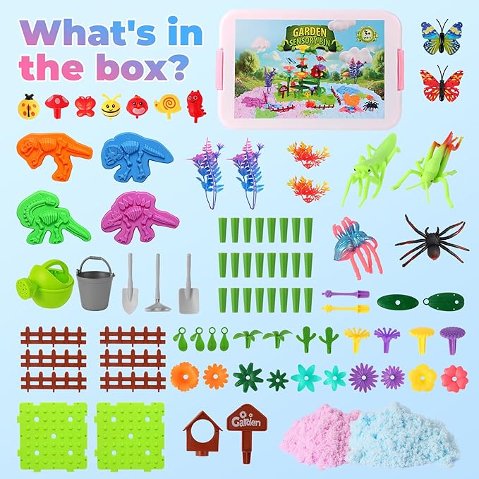 FIIOEOY Flower Garden Sensory Bin, Sensory Play Sand Kit with DIY Flower Garden Building Toys, Bug Figures & Sand Molds, Pretend Play Sandbox Birthday Gift for Girls Boys 3 4 5 Years Old