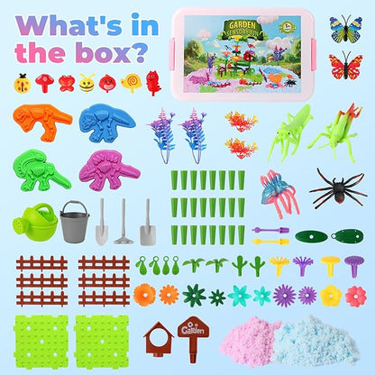 FIIOEOY Flower Garden Sensory Bin, Sensory Play Sand Kit with DIY Flower Garden Building Toys, Bug Figures & Sand Molds, Pretend Play Sandbox Birthday Gift for Girls Boys 3 4 5 Years Old