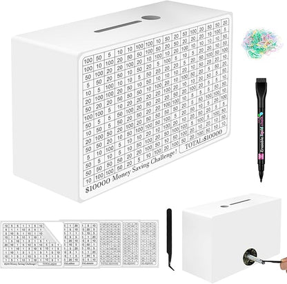 Wooden Money Saving Box, Cash Savings Box for $10000 $5000 $3000 $1000 $800 $500 Target Money Saving Challenge, Money Box with Counter/Dry Erase Pen/Savings Trackers/Rubber Band -White