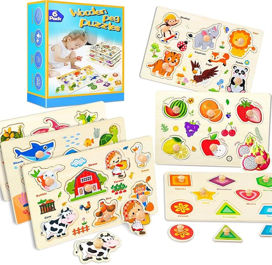 Wooden Peg Puzzles for Toddlers,Montessori Toddler Puzzles for Child,Fine Motor Skill Learning Puzzles Toys for Baby Boys Girls Gifts-6 Pcs Shape,Farm,Sea Animal,Dinosaurs,Fruits,Animals