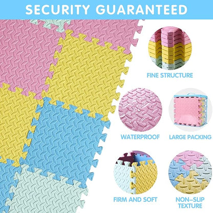 16 Tiles Foam Play Mat for Baby, Soft & Safe EVA Foam Mats for Floor, Square Baby Play Mat, Colored Kids Foam Puzzle Floor Mat, 47x47 Play Mat for Playpen(Pink/Yellow/Light Blue/Green)