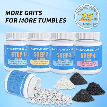 Rock Tumbler Polishing Grits and Ceramic Tumbling Media Kit | Essential for Polishing, 4 Steps Rock Tumbling Refill Media, Polish up to 25 lbs of Rocks, Work with Any Rock Tumblers, For More Tumbles