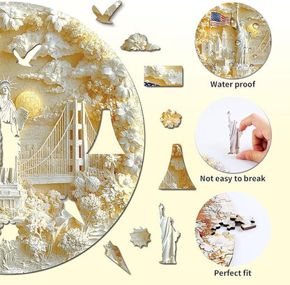 Wooden Puzzles for Adults,Statue of Liberty and Flag Puzzle, Unique Shaped Wooden Jigsaw Puzzles for Adults, Family Puzzle(100 Pieces 11.4X 11.4in 194pcs)