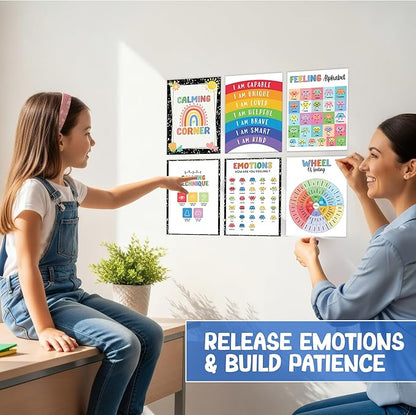 Set 12 Calming Corner Posters for Classroom Must Haves For Teachers, Composition Notebook Classroom Decor, 10x12 Calm Down Corner Supplies, Feelings Chart For Kids Ages 4-8, Feelings Wheel Poster