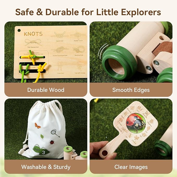 WOODEN TEETHER Kids Explorer & Adventure Kit for Ages 4–8, Wooden Knot Board (7 Step Cards) & Scrapbook, with Binoculars, Compass & Magnifying Glass, STEM Nature Exploration Toy